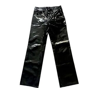 Vintage Ton Women’s Sz M Black Patent Faux Leather Straight Leg Pants Button Fly